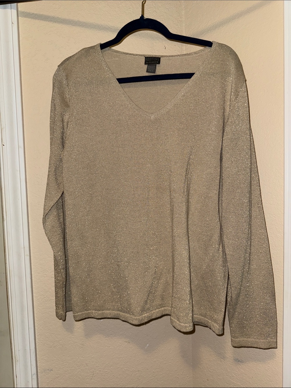 Additions by Chico's Metallic Champagne V-Neck Sweater